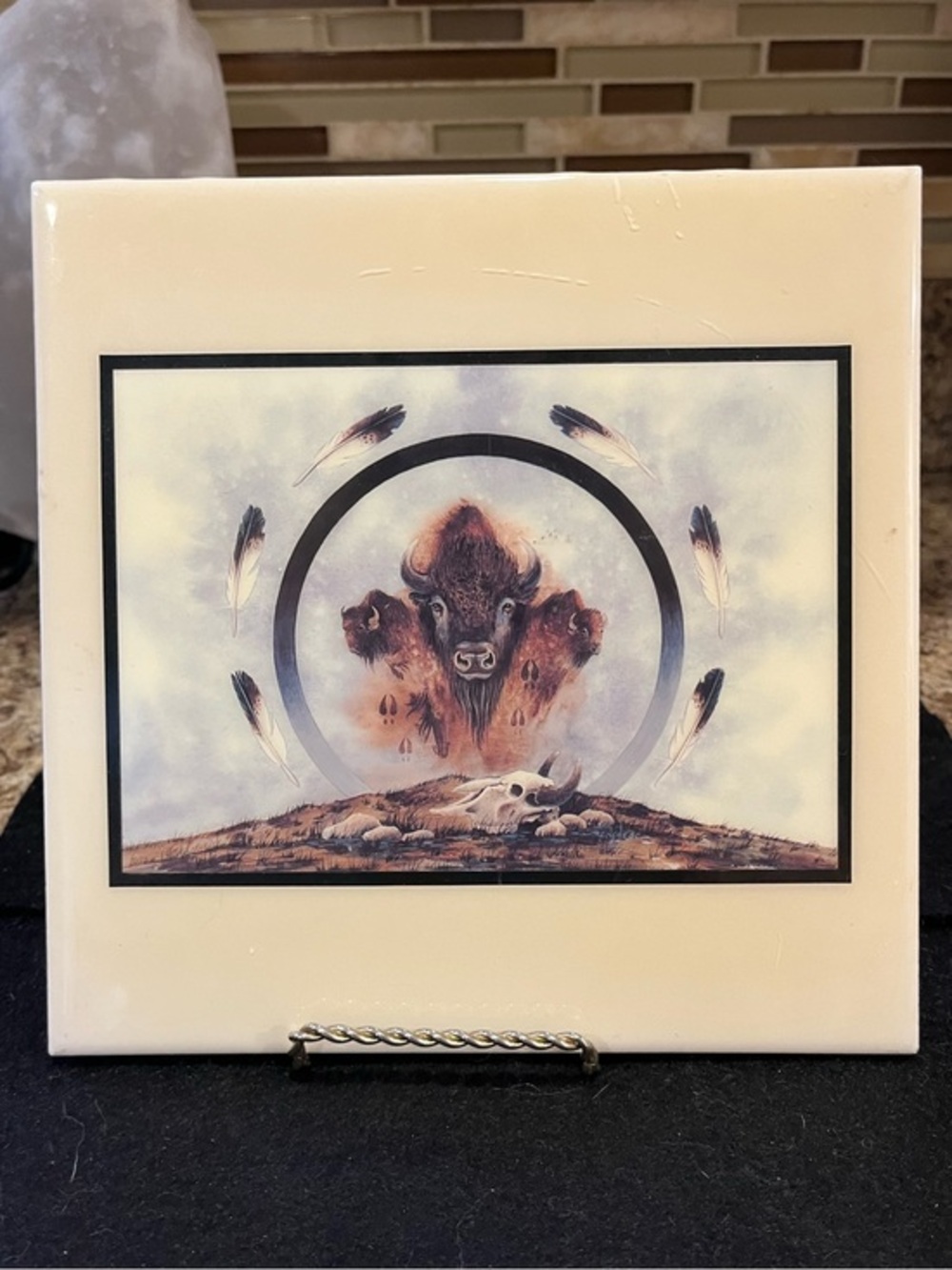 Buffalo Wall Art Tile Spirit of 3 Buffalos with Feather Motif by Art Menchego
